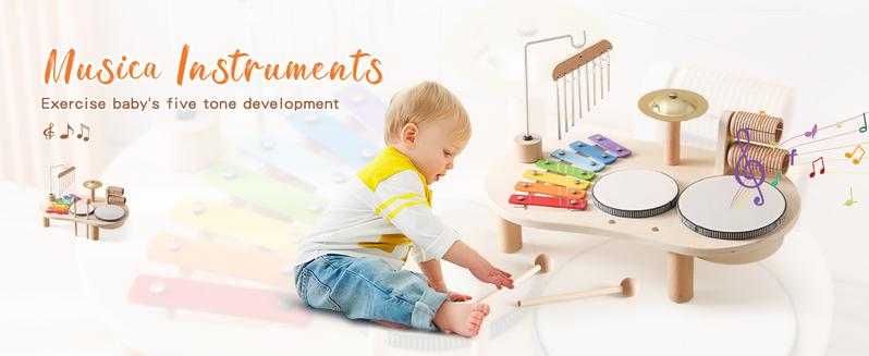 Promise Babe Wooden Musical Instruments for Toddlers 1-3, Percussion Instruments for Kids Baby Drum Set Xylophone, Montessori Educational Musical Toys, Gifts for Girls Boys Ages 3+ New Year Gifts