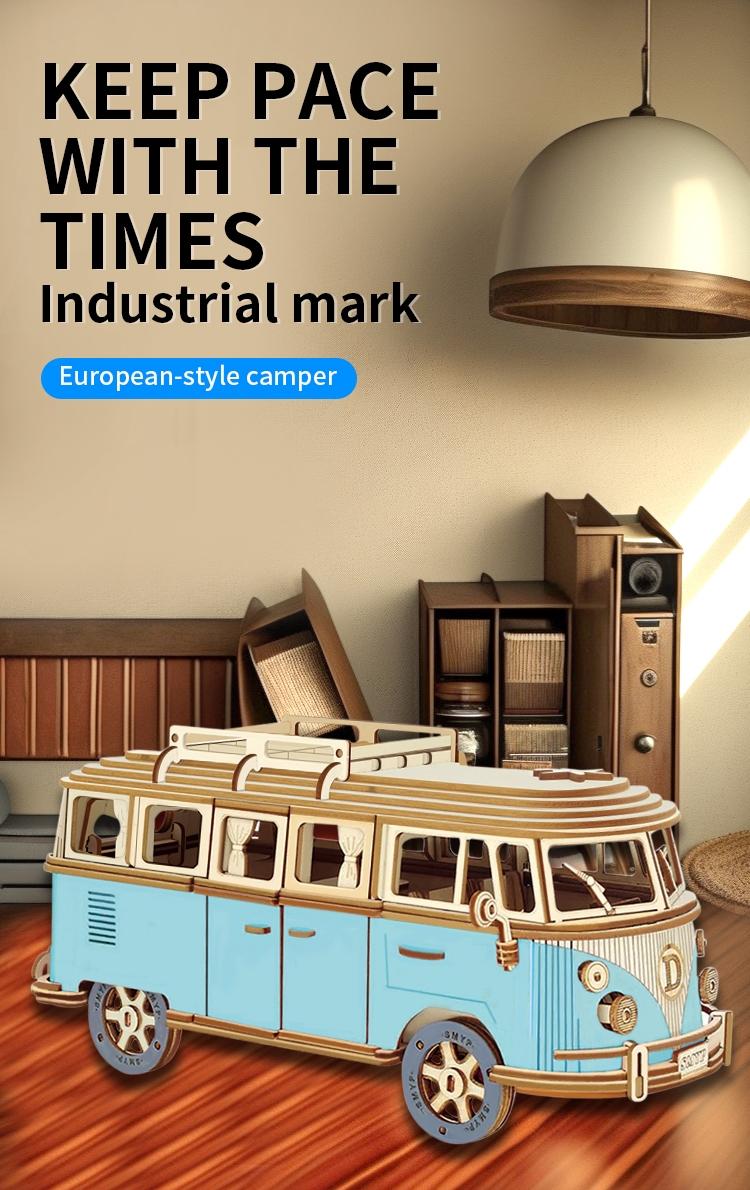 Blue Camper Wooden Puzzle, Wood Car Model, 3D Assembly Toy, Educational Intelligence Toy, Realistic Car Series Decoration