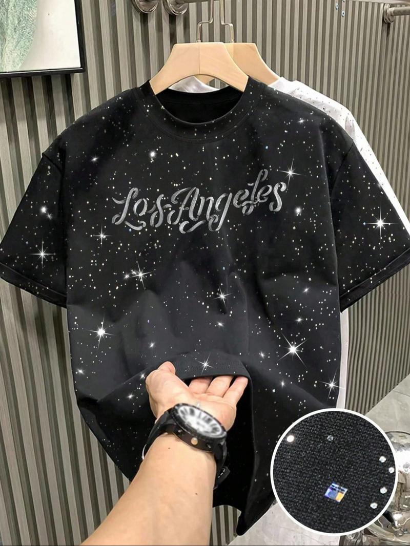 New Men's Short Sleeve T-Shirt, Fashion Starry Sky Reflective Craft, Letter Print Design, Sparkling Like Stars, Must-Have Casual
