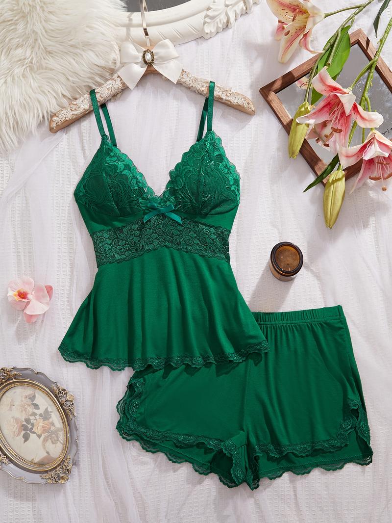 Women's Solid/Leopard Print Cami Top & Lace Trim Shorts Pyjama Two-piece Set, Casual Comfy Camisole & Shorts PJ Set, Ladies Sleepwear for All Seasons