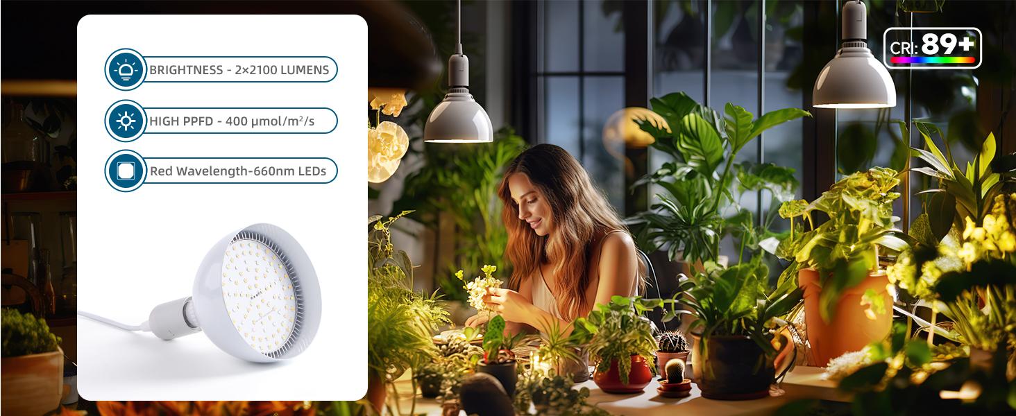 Barrina LED Hanging Grow Light Bulb, 50W (2 x 25W) Full Spectrum, with 16.4FT Power Cord, 2-Head