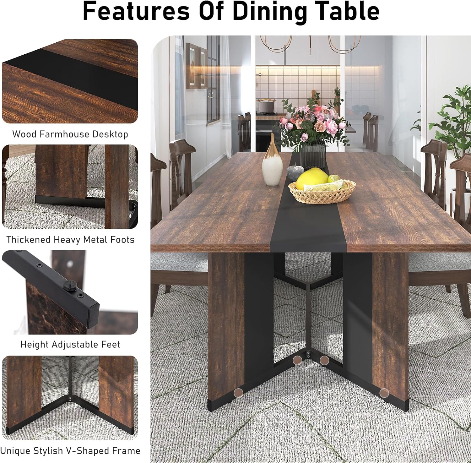 71In Large Rectangular Brown Dining Table for 4 5 6 7 8 People w/35 Marble-Color Wood Watrproof Tabletop,Adjustable Leg.6ft Luxurious Family Dinner Table for Office Kitchen Living Room, (white/Brown)