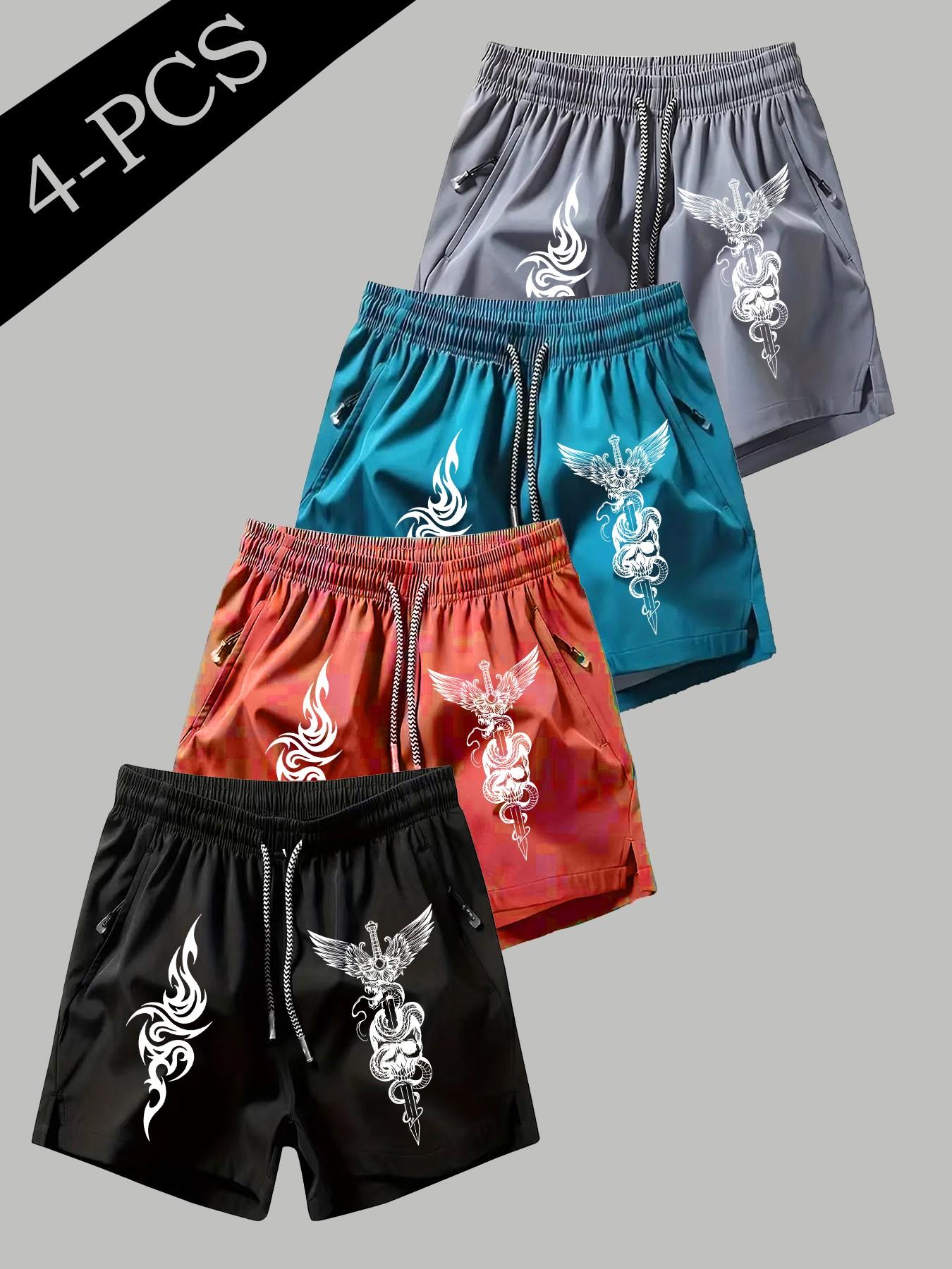 4 Pcs Men's Skull Snake Print Shorts, Drawstring Waist, Zip Pocket, Breathable Lightweight, Sporty Slim Fit, All Seasons
