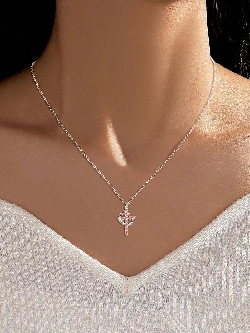 Tewiky Colorful Simple Crown & Cross Zircon Pendant Choker Silver Necklace For Women & Men & Girls Pretty Necklace For Daily Party Clothing Decor Trendy All-match & Exquisite Jewelry For Easter Trending  jewellery For Outdoorfun For Valentine's Day gifts