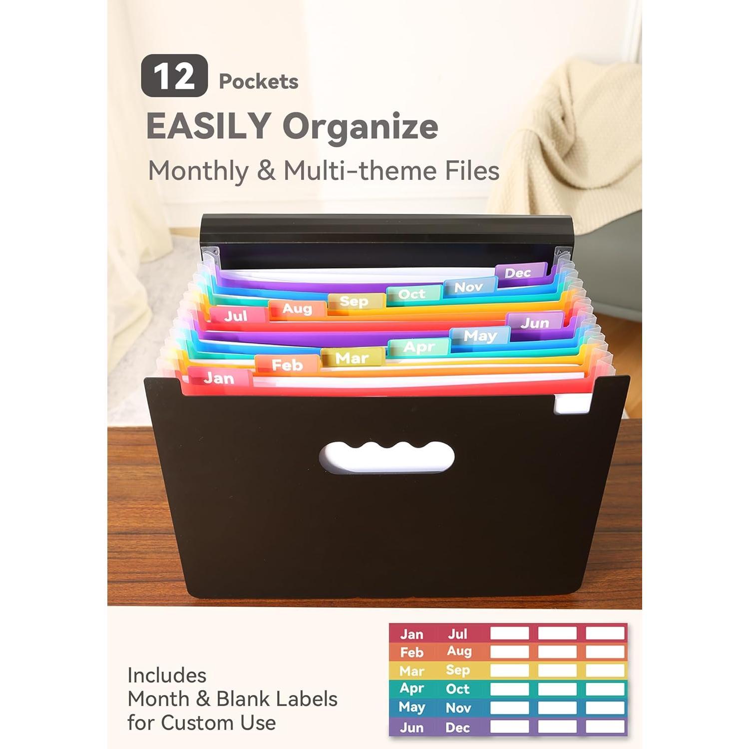 Accordion File Organizer 12 Pockets, Monthly Bill Receipt Tax Organizer, Expanding File Folders with Larger Bright Tabs, Fits Letter/A4 Size - Black Accordion File Organizer 12 Pockets, Monthly Bill Receipt Tax Organizer, Expanding File Folders with Larger Bright Tabs, Fits Letter/A4 Size - Black