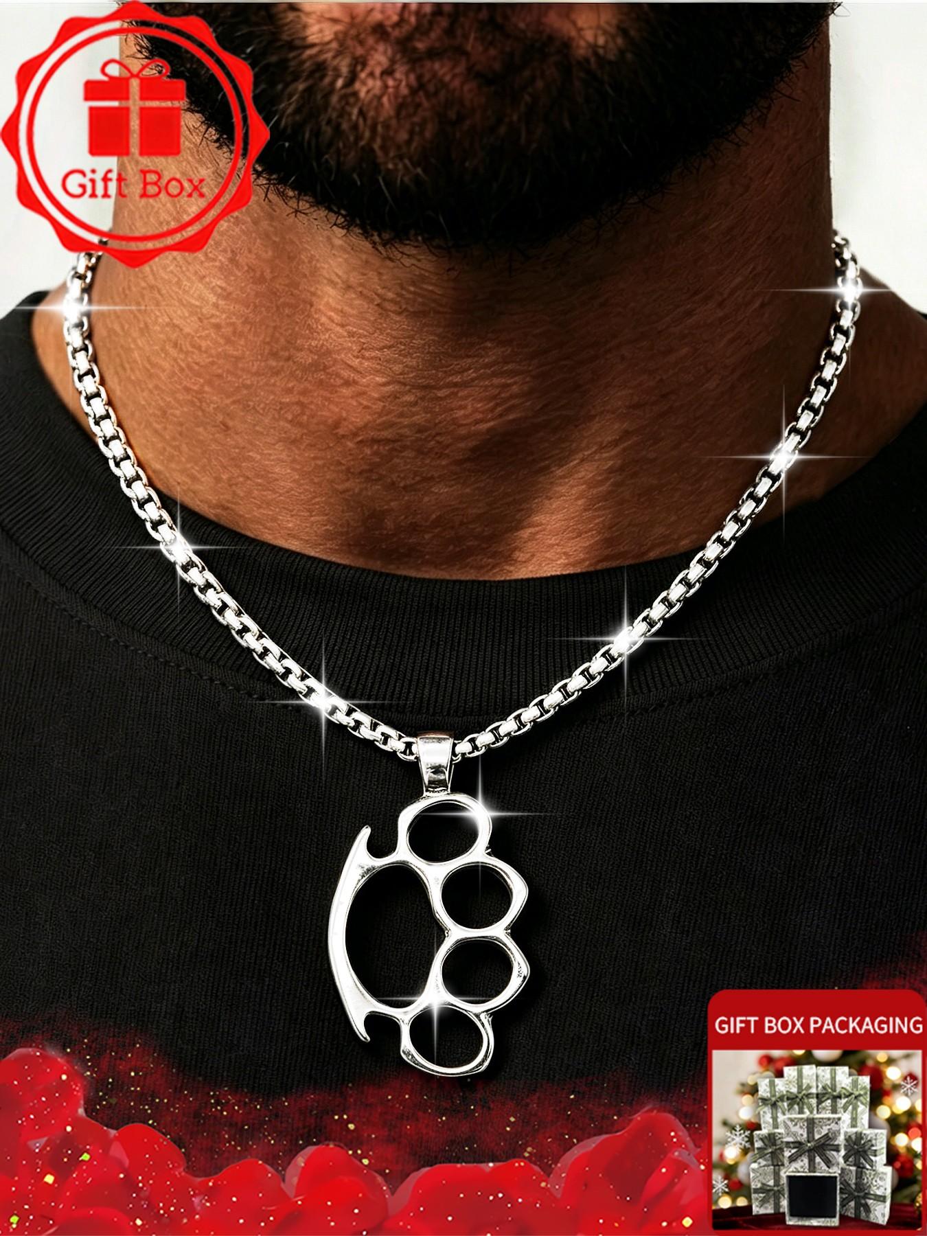 Silver Knuckle Pendant Necklace with Gift Box, Chain Necklaces, Vintage Knuckle Duster Choker, Punk Box Chain Jewelry for Men Women, Unisex Grunge Outfits Clothing Accessories, Birthday Christmas Valentine Gift for Boyfriend Son Husband Her