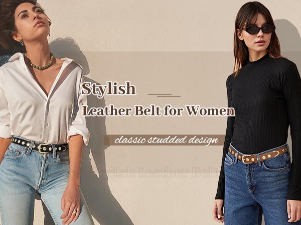 JASGOOD Women Fashion Leather Belt Punk Leather Belt Women Studded Belt for Jeans Pants Dresses