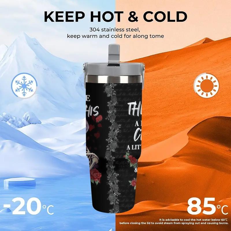 1pc 30oz Stainless Steel Insulated Mug - Gothic Style! Dark Skull and Rose Design - A Must-Have for Hot Girls! Comes with a handle and straw. Suitable for outdoor, sports, and indoor use. Birthday/Holiday Gift - Large Capacity Water Bottle