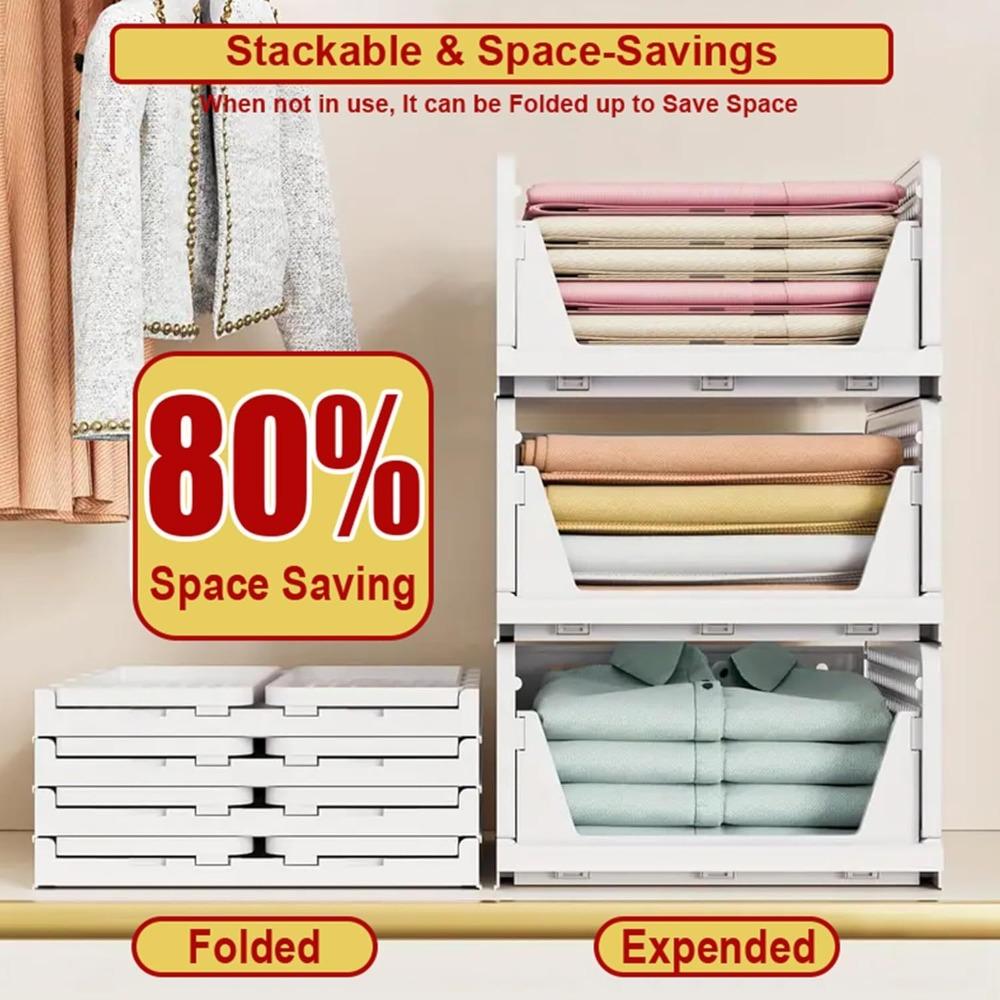 5-piece stackable and foldable wardrobe organizer boxes, suitable for storage in bedrooms, bathrooms, laundry rooms, and wardrobes, space-saving clothing storage drawer organizing baskets, white, Folding Storage Boxes