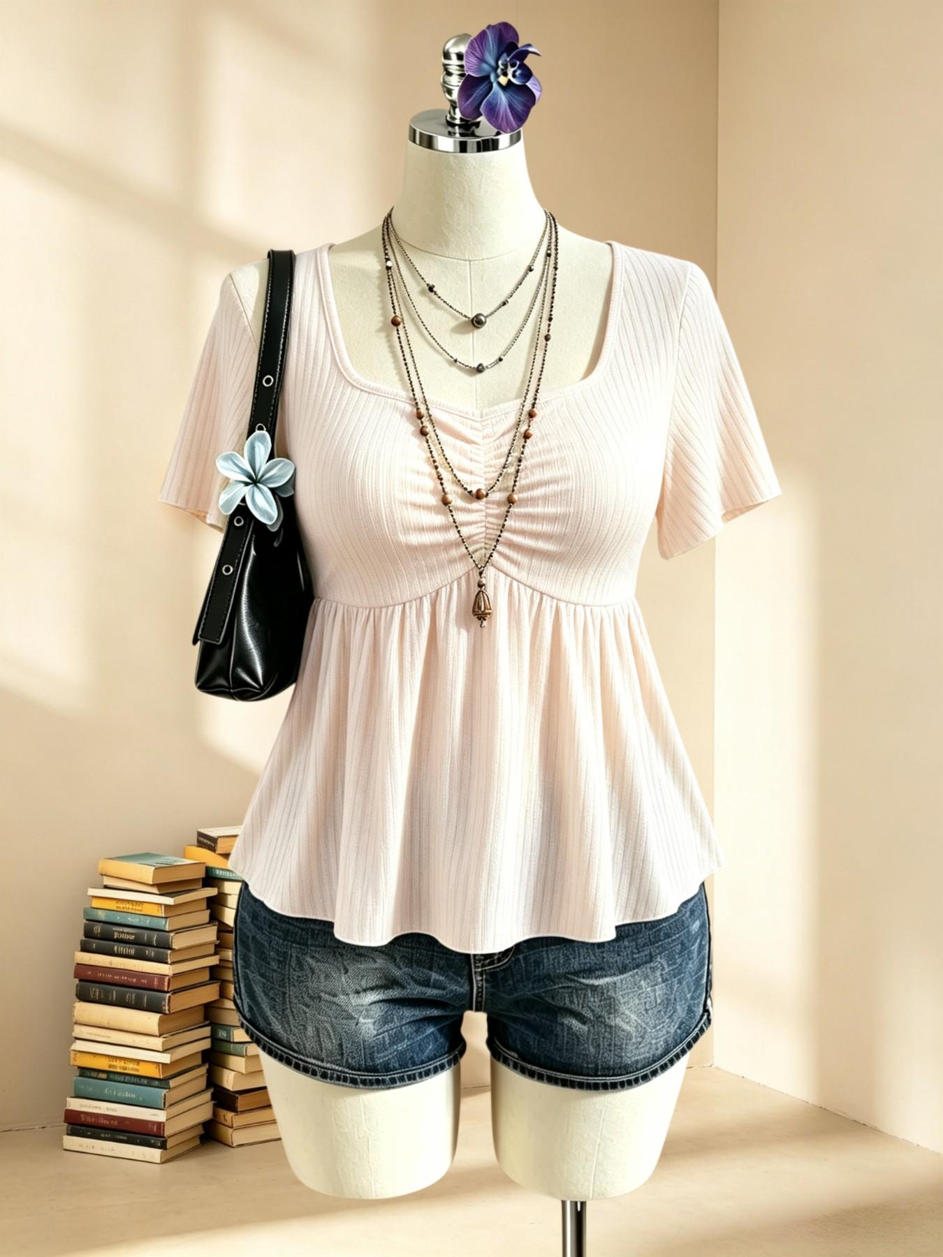 Soft Square Neck Short Sleeve Top, Loose Hem Conceals Belly, Slimming Plain Texture T-Shirt, Casual Fitted Apparel for Women
