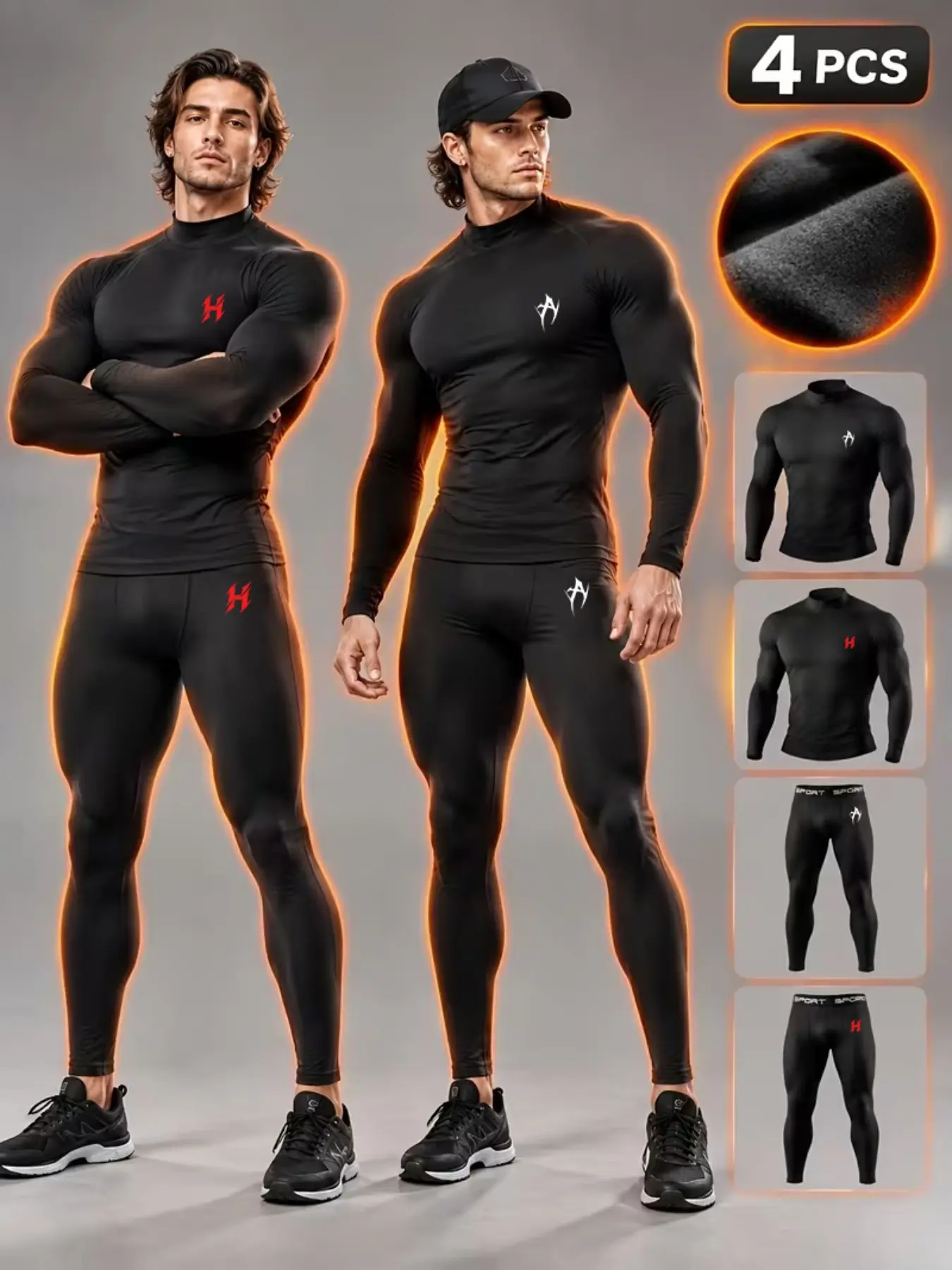 4-Piece Men’s Fleece-Lined Thermal Set, 2 Black Crew Neck Long Sleeve Tops & 2 Warm Pants, A and H Graphic Prints, Warm Breathable Stretch Sportswear for Gym, Running, Skiing & Outdoor Training