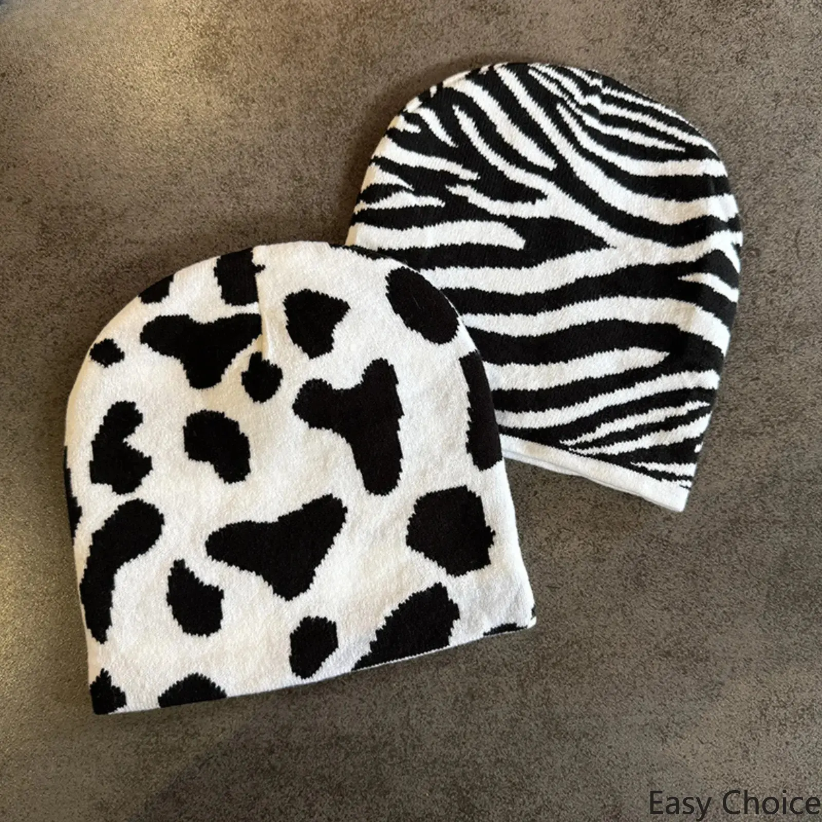 2Pcs/*1Pcs Trendy Cow Print Beanie Hat Zebra Stripe Knit Skullcap Vintage Y2K Aesthetic Streetwear Warm Winter Caps for Men Women