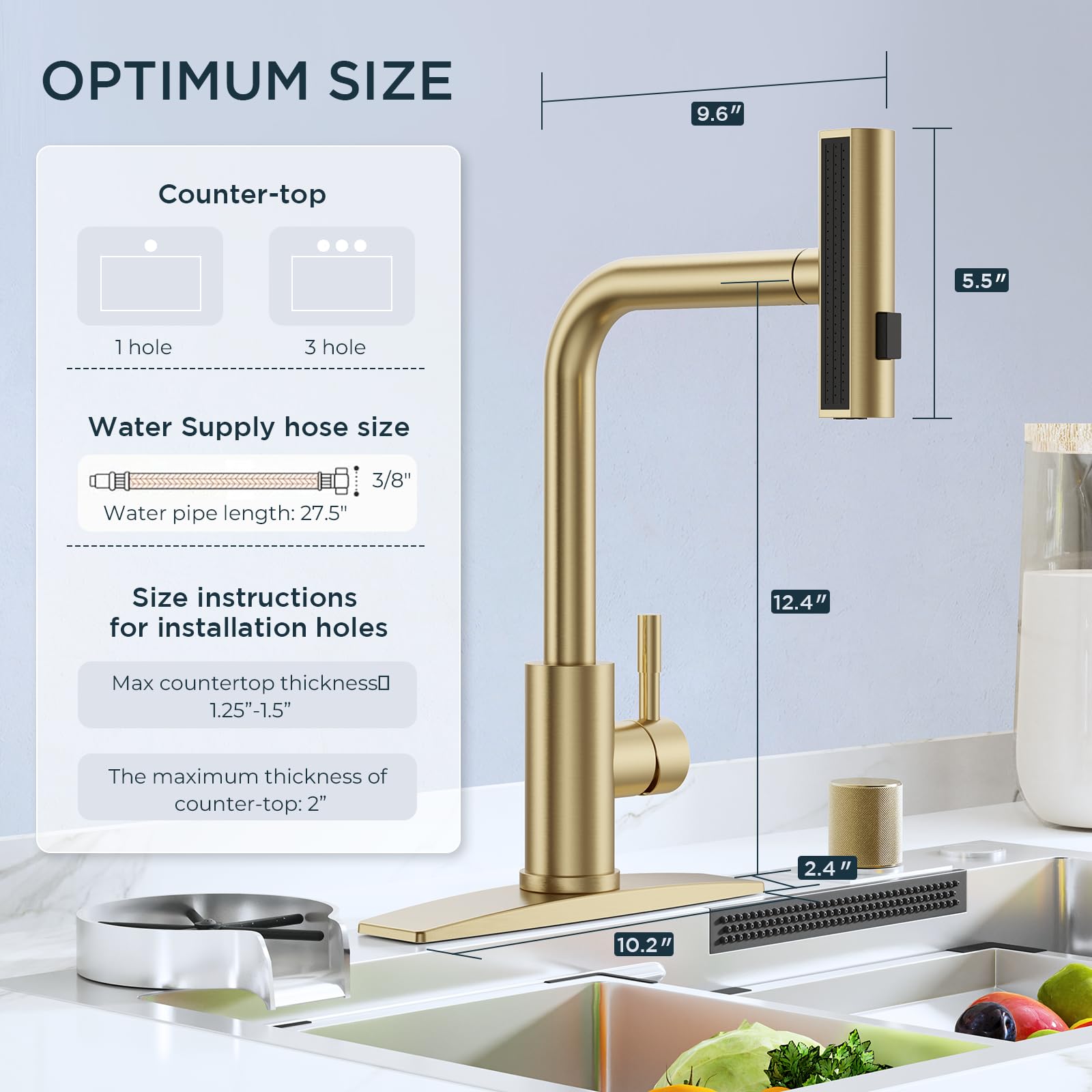 Forious Gold Elegant Kitchen Faucet with Pull Down Sprayer 1 or 3 Hole Waterfall Modern Single Handle Stainless Steel Kitchen Sink Faucets