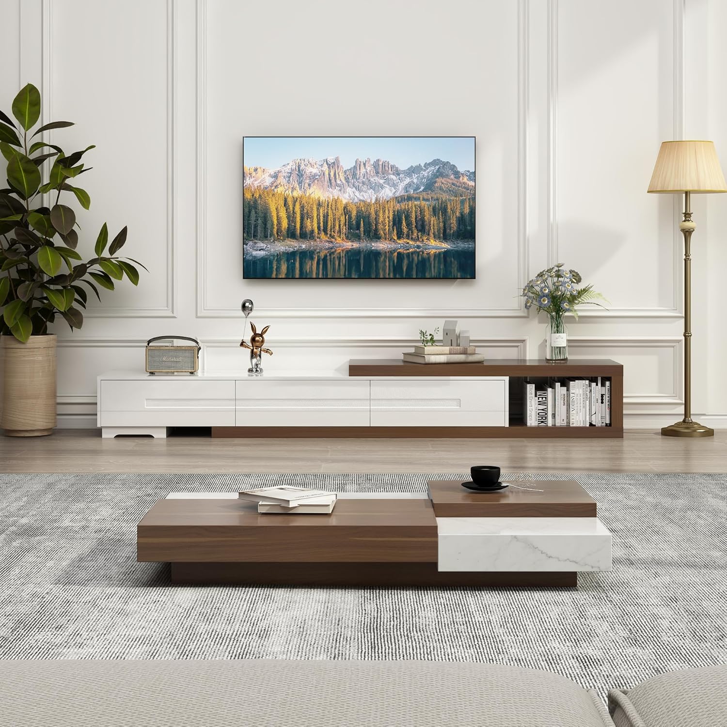 Extendable TV Stand for TVs up to 120", Wood Reversible Entertainment Center with 3 large Drawers, Extendable TV Media Console for Living Room,Bedroom