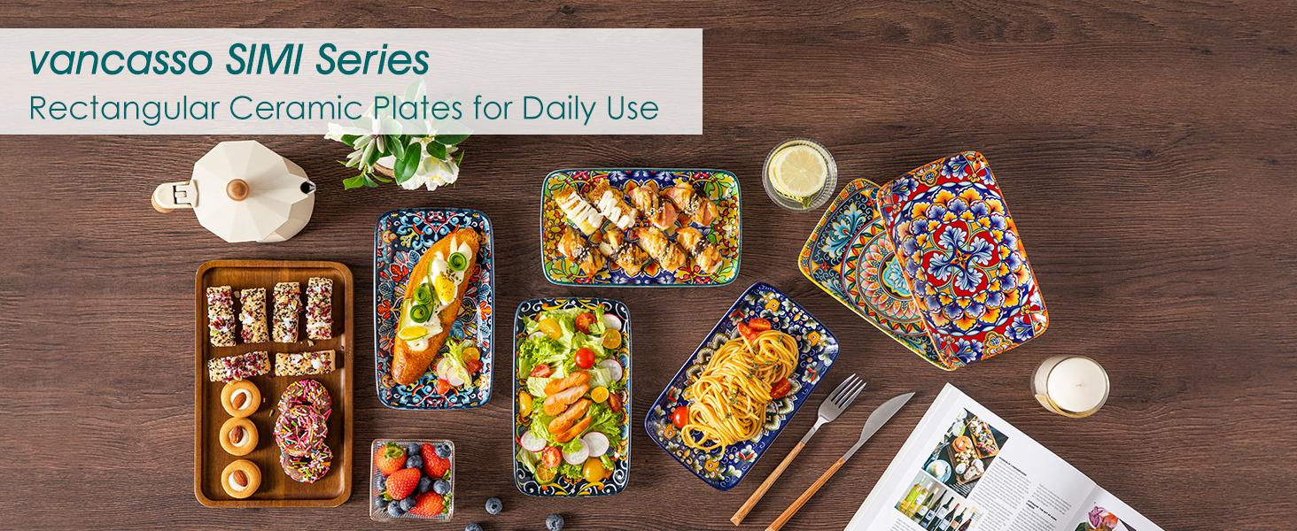 vancasso Simi Serving Platters & Plates Set – 3 Piece Rectangular Trays or 6 Piece Dinner Plates, Bohemian Ceramic Dish Set for Entertaining, Microwave & Dishwasher Safe Porcelain Dinnerware