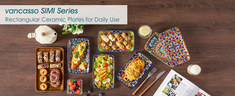 vancasso Simi Serving Platters & Plates Set – 3 Piece Rectangular Trays or 6 Piece Dinner Plates, Bohemian Ceramic Dish Set for Entertaining, Microwave & Dishwasher Safe Porcelain Dinnerware