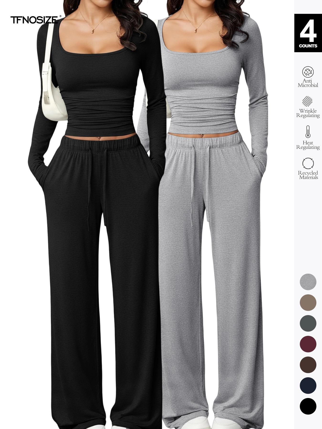 Women's Long Sleeve Square Neck Loungewear Set, Casual Loose Fit Home Wear, All Seasons Soft Comfortable Fabric, 2026 New Arrival