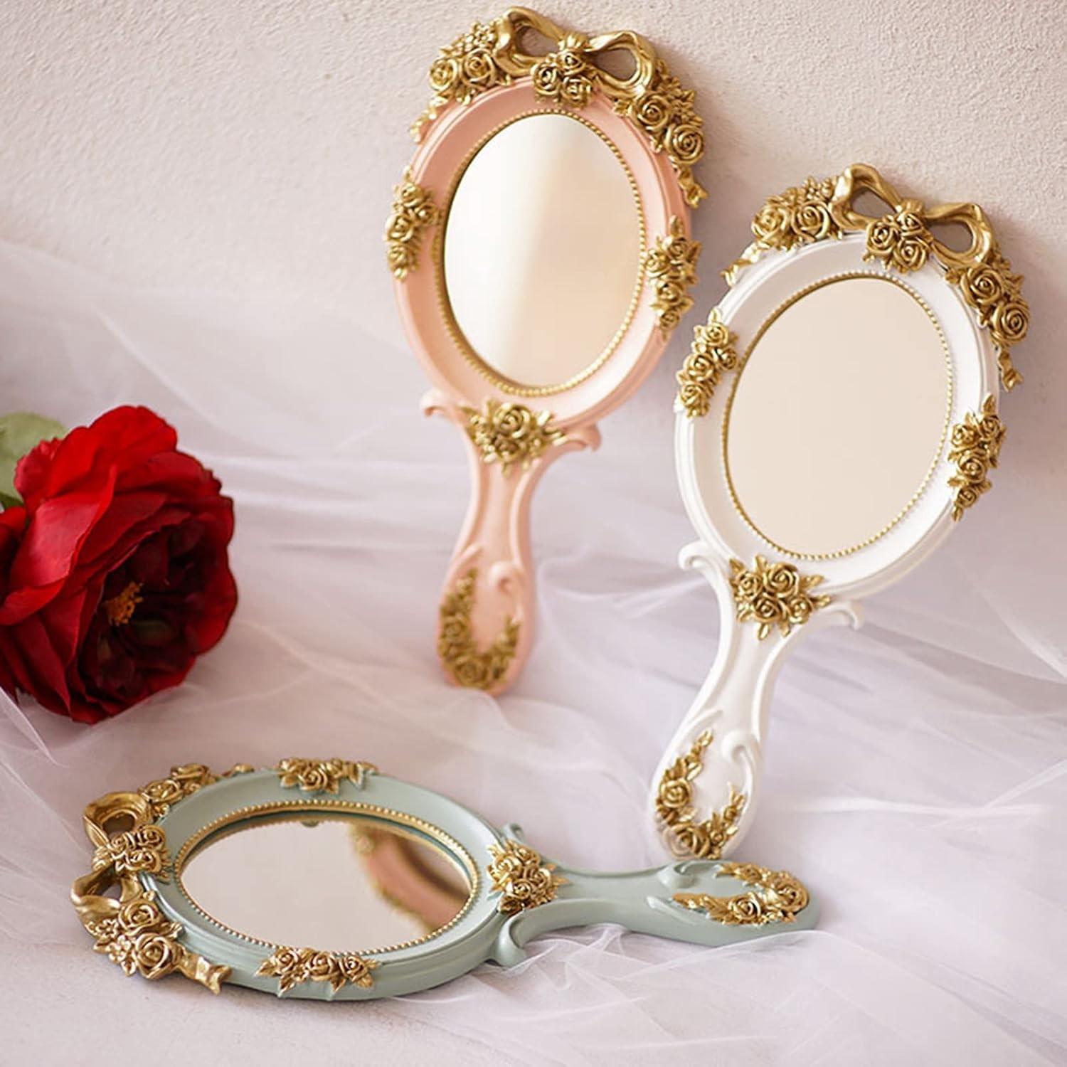 Portable Handheld Makeup Mirror, Travel Princess Style Metal Beauty Mirror, Oval Rose Embossed, Desktop Decor, Vintage Handle, Photo Props, 3-Piece Set