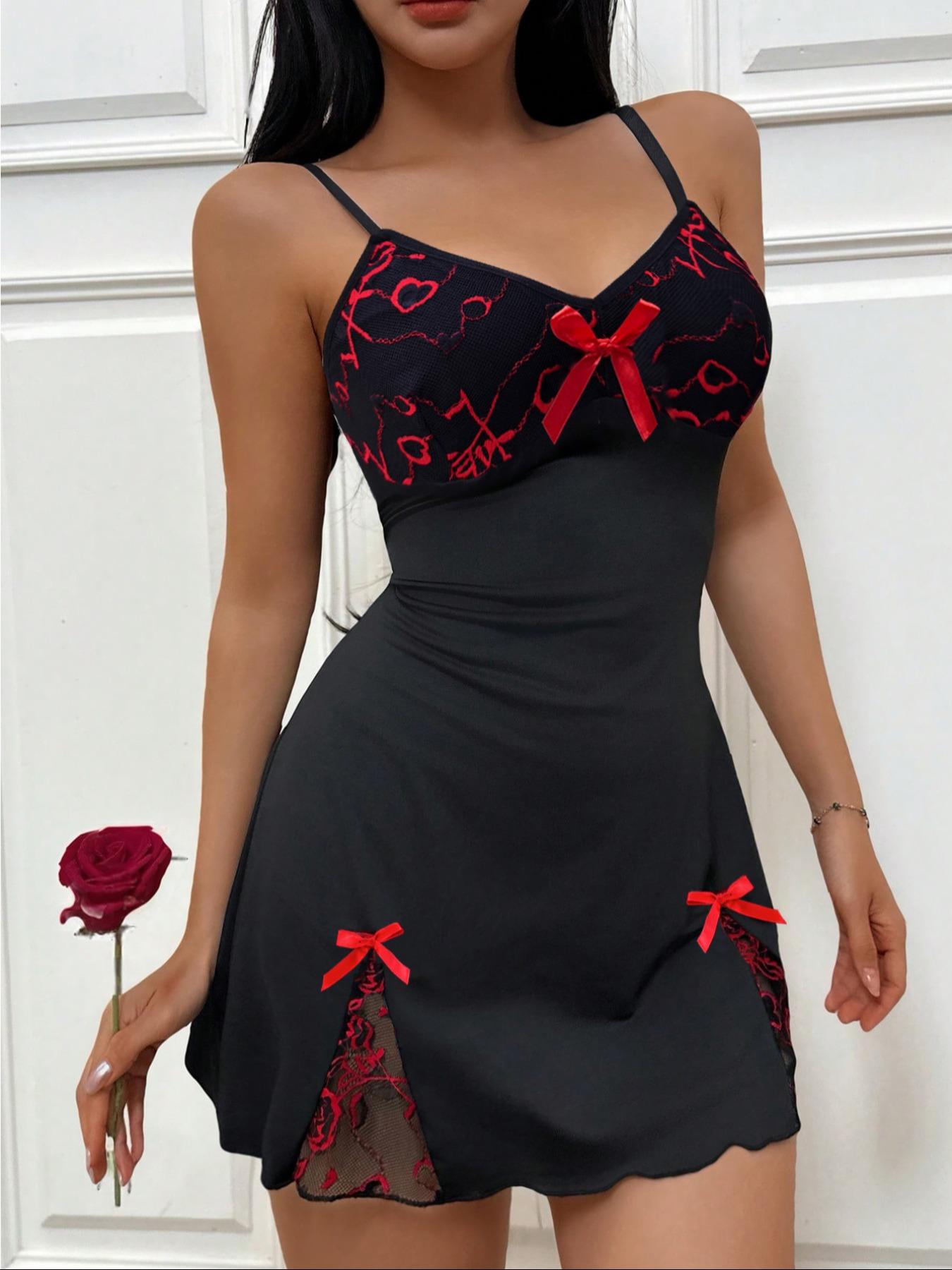 Women's Sexy Lace Splicing V-Neck Sleepwear Loungewear, Elegant Cute Sleeveless Dress, Side Hollow Out Bowknot Design, Fitted Nightgown