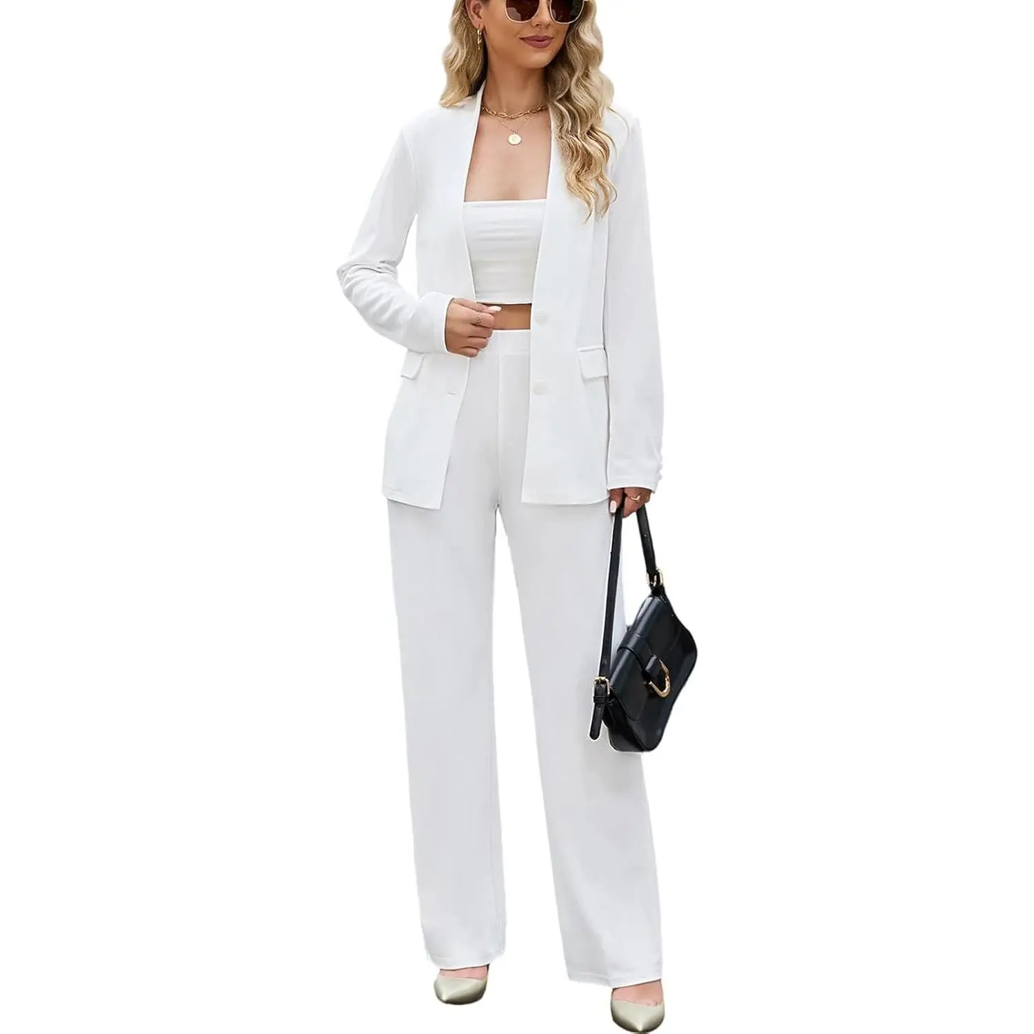 Women's 2 Piece Suits Business Casual Outfits Straight Wide Leg Pants Suits Professional Office Work Outfits