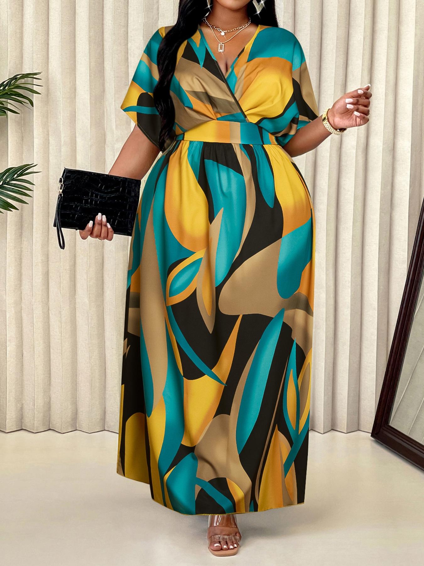 Elegant Sexy Women's Geometric Print Casual Dress Plus Size V Neck High Waist Wrap Dress, Fitted Woven Fabric, All Seasons Fashion