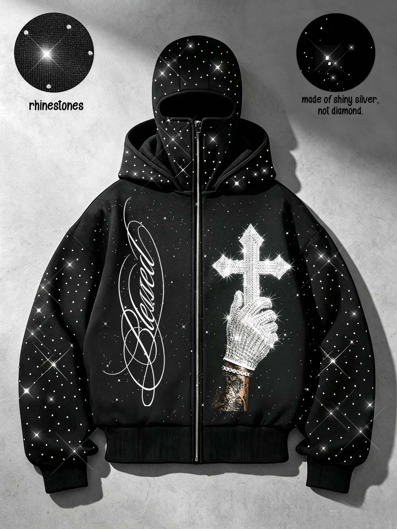 Dark Y2K High-Street Balaclava-Hoodie Zip-Up Sweatshirt Gothic Cross Sweatshirt – Unisex Trendy Outerwear Featuring All-Over Silver Rhinestone/Sequin Detailing, "Blessed" Lettering, and a Graphic Print of a Hand Holding a Cross.