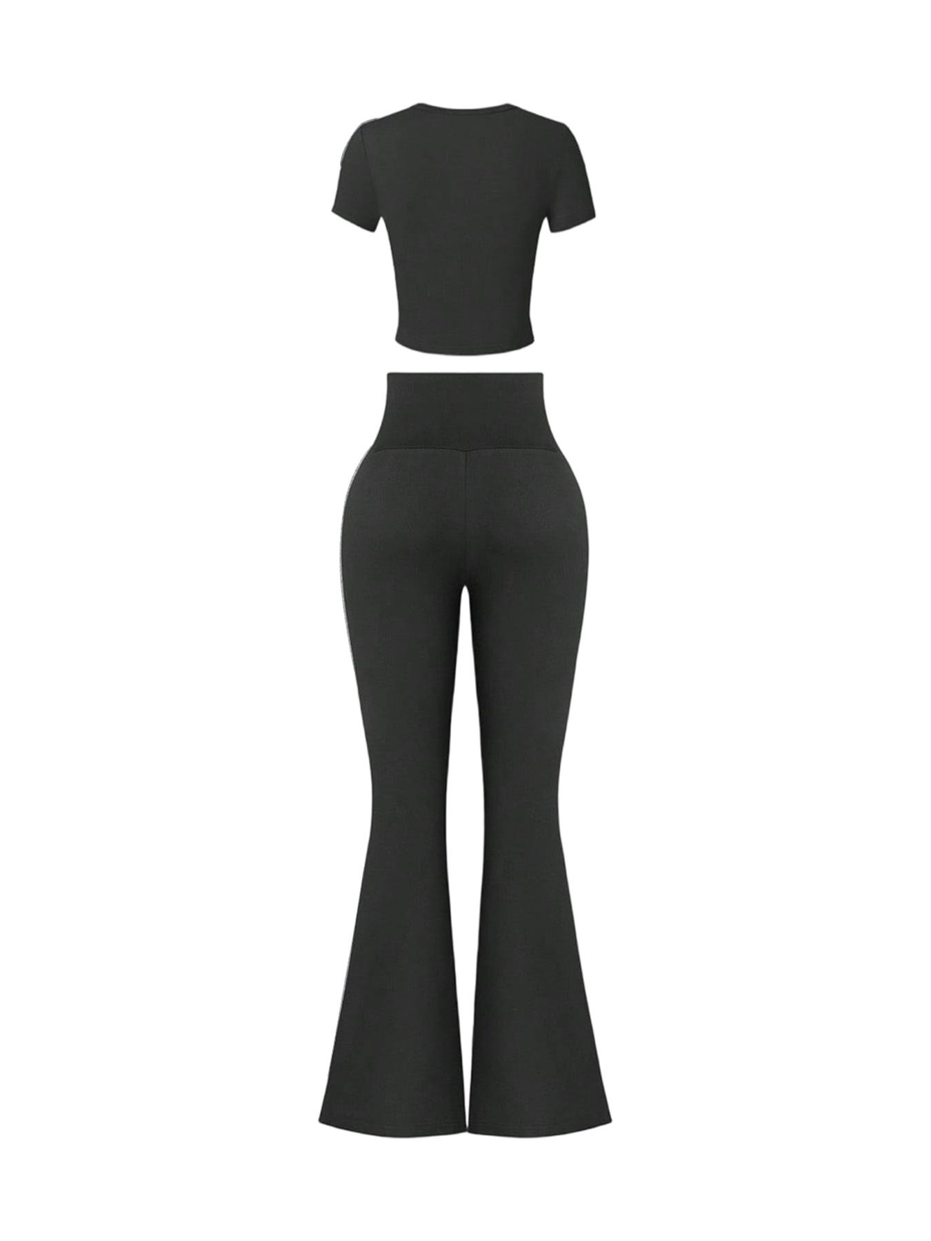 Women's 2 Piece Matching Lounge Set Gym Casual Wear Short Sleeve Crop Top and High Waisted Flare Leg Pants Yoga Outfit