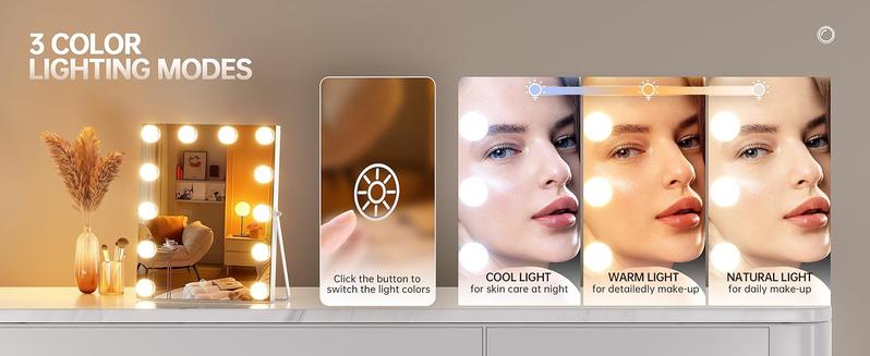 Hasipu Vanity Mirror with Lights, Hollywood Mirror, Makeup Mirror with Dimmable Bulbs, Smart Touch 3 Colors Dimmable, 360 Rotation, White