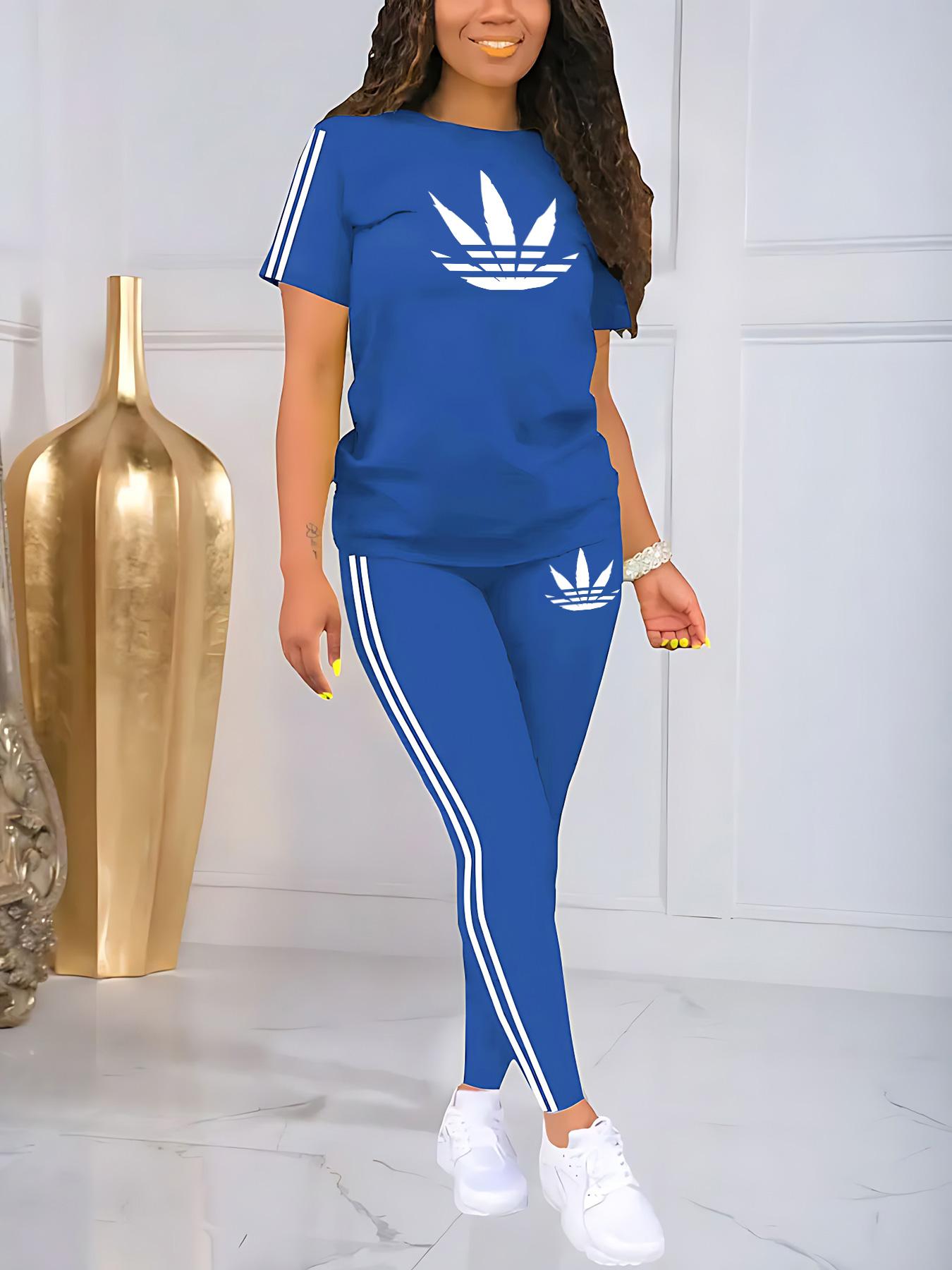 Women's Printed Casual Sporty Round Neck Drawstring Short Sleeve and Long Pants Two-Piece Set, Fitted Letter Pattern, Summer, Athleisure Wear Set