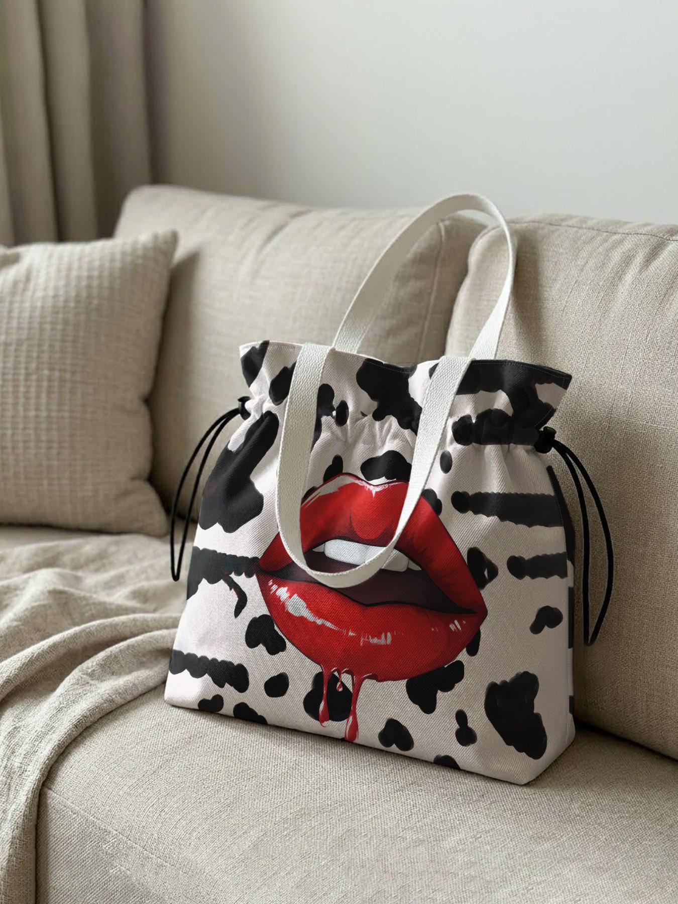 Lips Pattern 2D Printed Drawstring Tote Bag, Large Capacity Shopping Bag, Durable and Wear-Resistant, Casual Style for Work/promenade/lunch