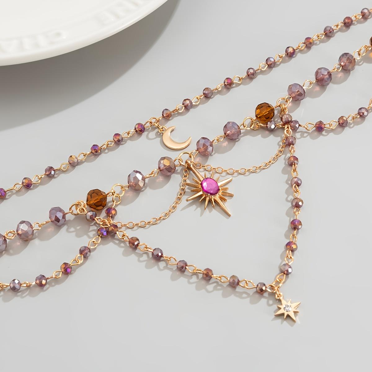 Women's Elegant Multi-Layer Gradient Purple Coffee Crystal Bead Necklace - Cuban Link Chain, Sparkly Sun-Moon-Star & Heart Charms, Gold-Metal Coating, Gothic Hippie Daily Female Stackable Costume Jewelry