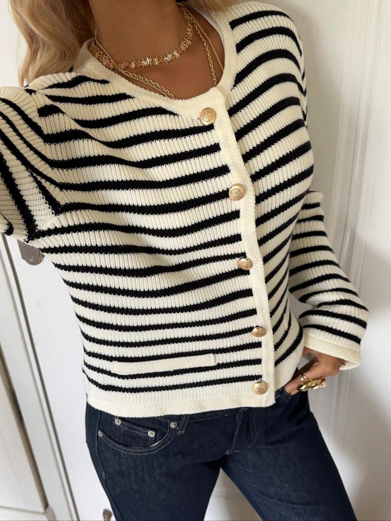 New Women's Knitted Fitted Sweater, Fall Winter Fashion, Drop Shoulder Button Front Cardigan, Striped Long Sleeve Top, Ladies Casual Wear, Knitwear