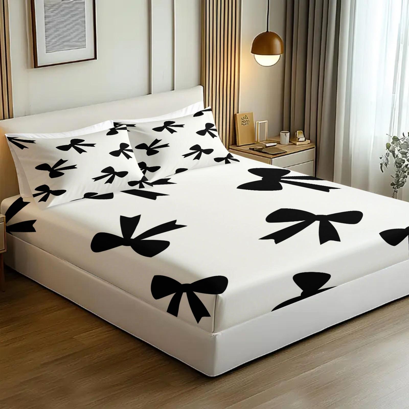 3Pcs Minimalist Bow Print Fitted Sheet Set, Cute Heart-Accented Bed Sheets for Bedroom, Warm Gift for Girls and Women