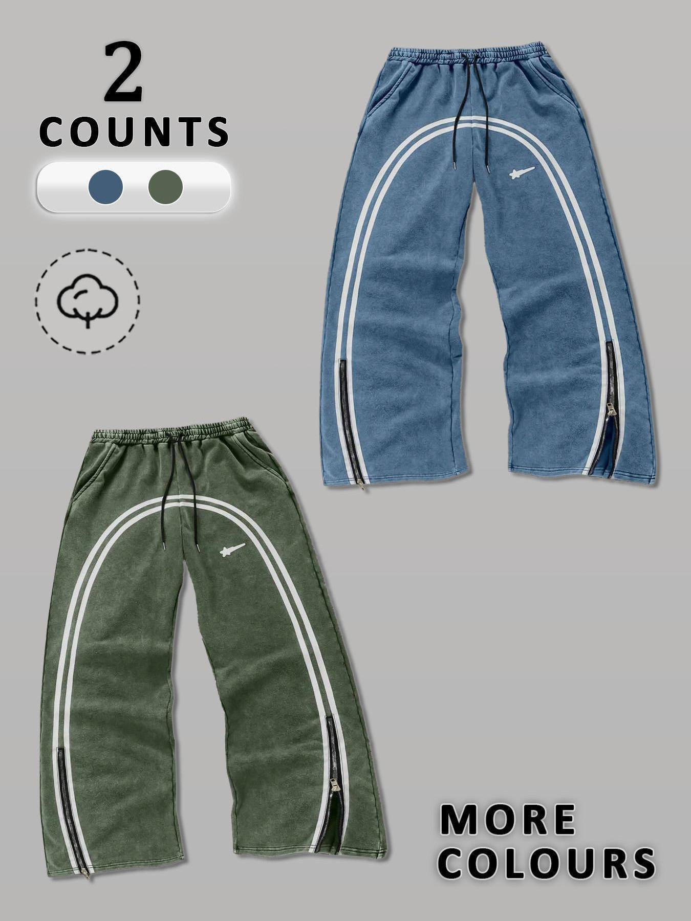 Men's Star & Striped Print Washed Distressed Drawstring Waist Sports Sweatpants, Regular Fit Casual Comfy Fashion Pocket & Zipper Design Pants for Fall & Winter, Sports Bottoms, Casual Athletic Pants, Athleisure Style Bottoms