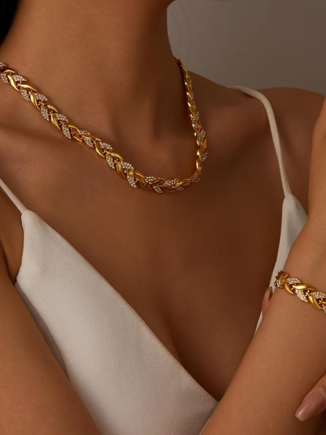 Elegant Fish Tail Design Jewelry Set, Rhinestone-Embedded Bracelet & Necklace Combo, Luxury Party Accessories for Women