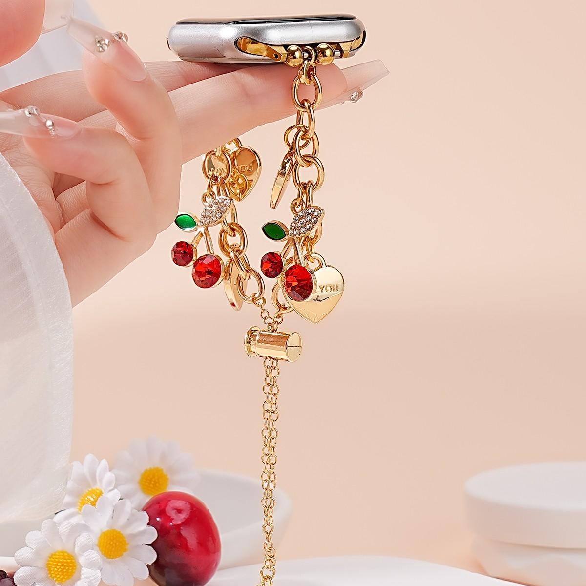 Women's Metal Chain Apple Watch Band, Heart Cherry Charm Bracelet Strap for Iwatch 38-49mm, Perfect Gift for Birthday & Valentine's Day