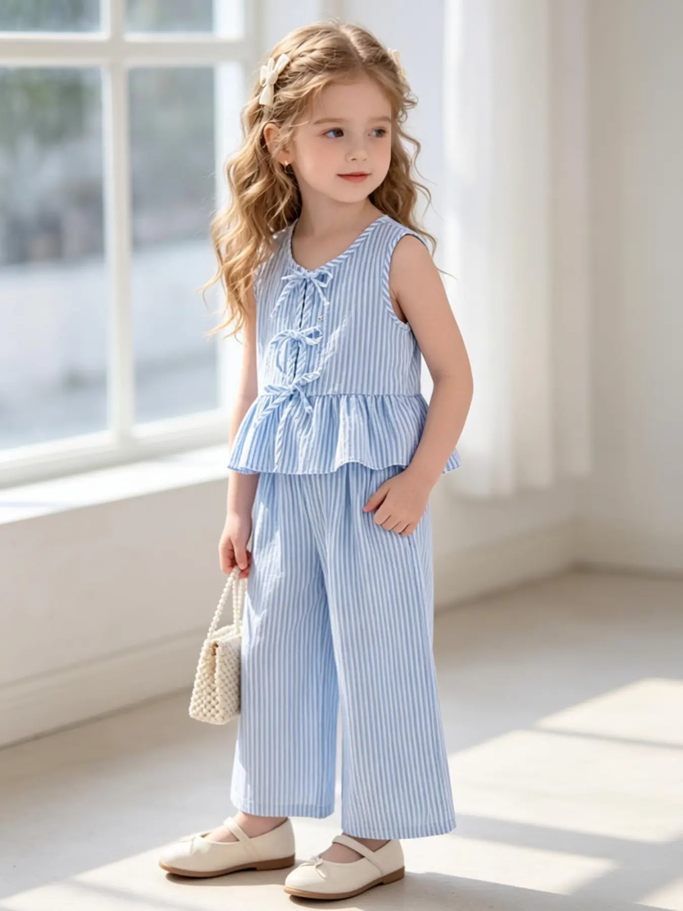 Girls' Striped Summer Two-Piece Set, Sleeveless Top with Ruffle Hem, Wide Leg Pants, Airy Comfort, Ideal for Seaside & Casual Outings, Summer Clothes Set