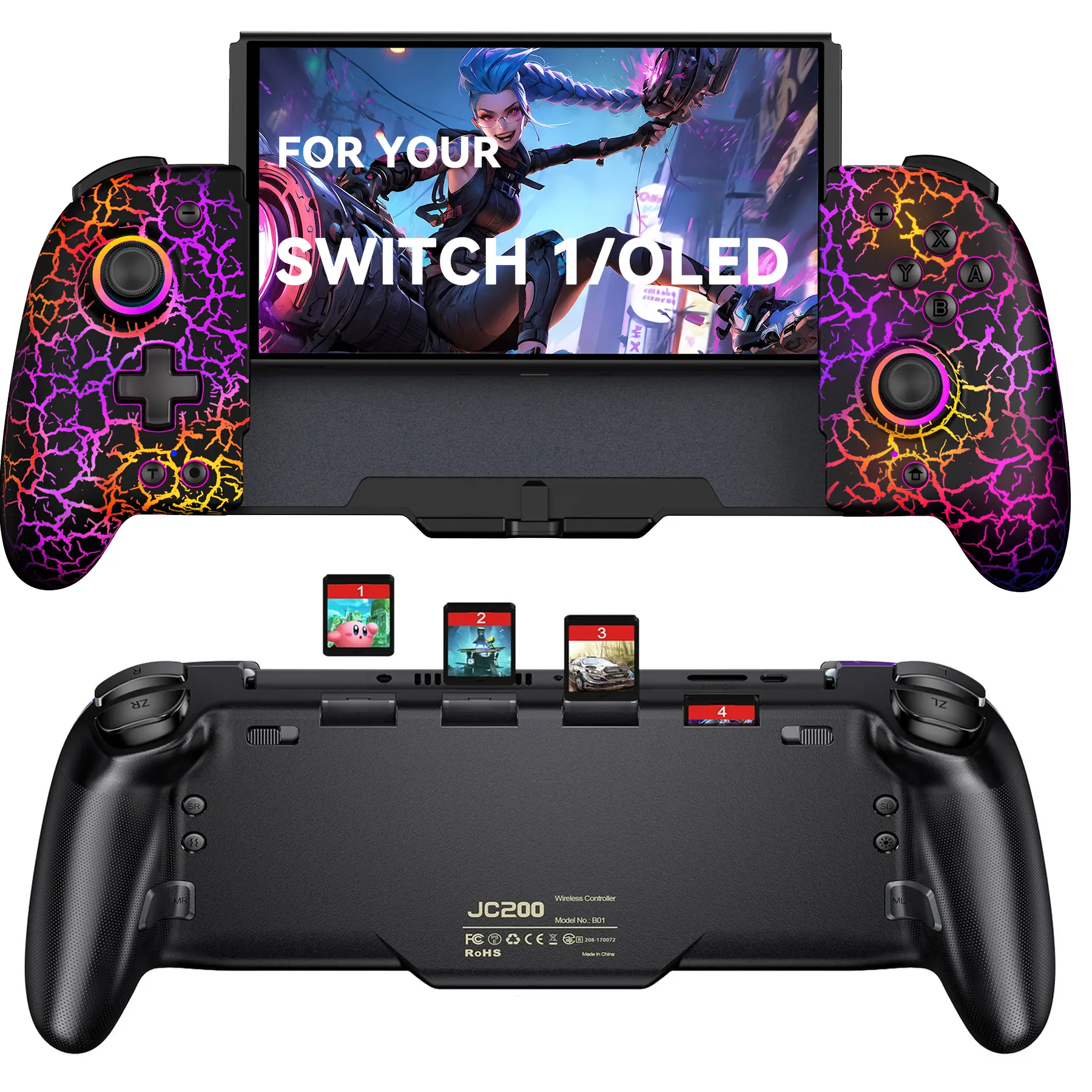 Switch Controllers for Nintendo Switch/OLED, Hall Effect Wireless Pro Controller One-Piece Joypad, Full-Size Ergonomic Handheld Mode Gamepads with 17 RGB Light/Battery/Turbo/Macro/4 Game Slot