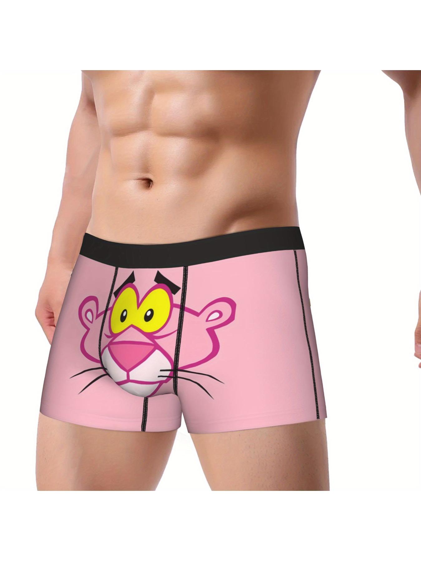 Funny Pink Leopard Cartoon Boxers, Retro 60s Big Cat Face, Naughty Gag Gift for Him, Boxer Shorts