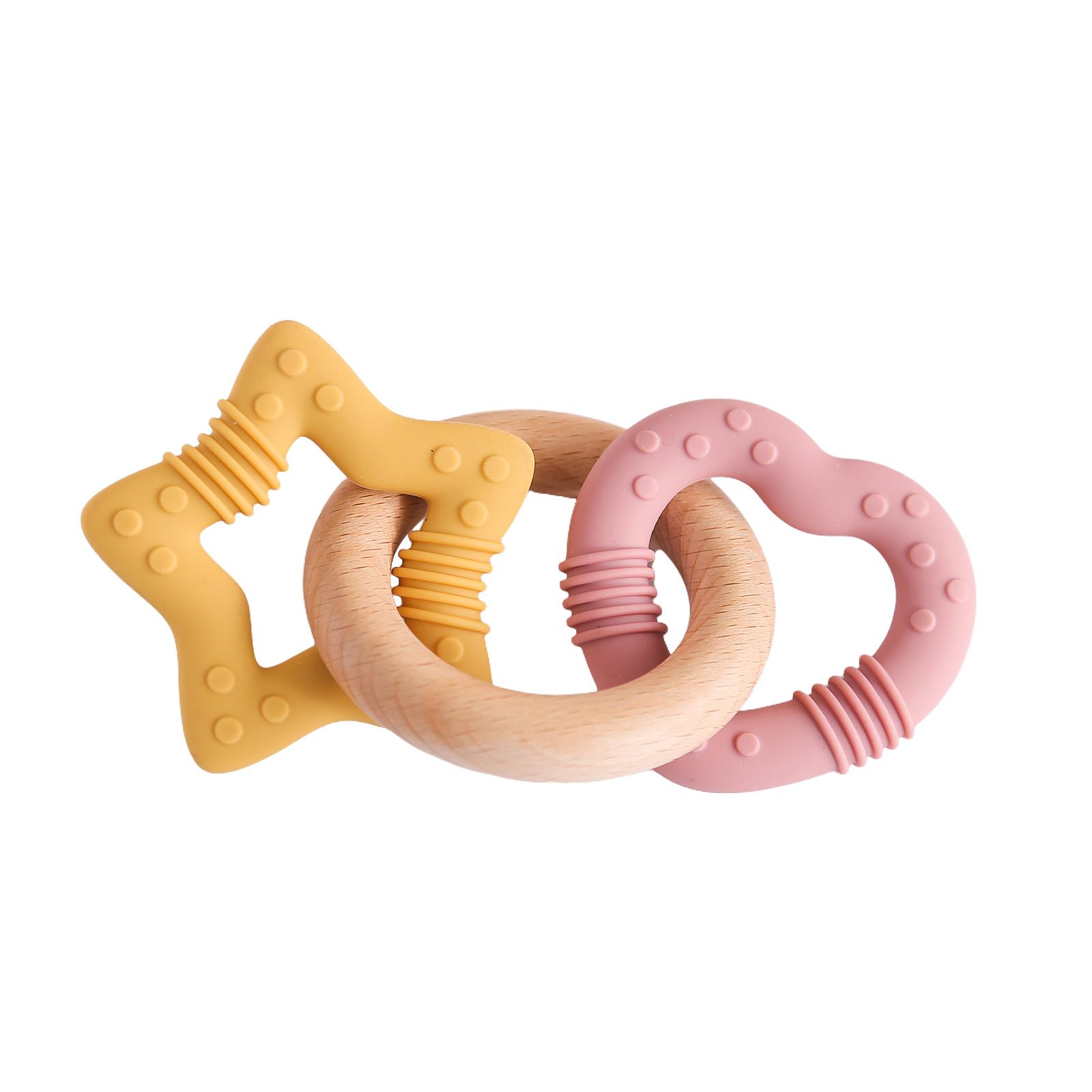 Baby Silicone Wooden Teething Toy, Heart Star Multi Texture Chewable, Infant Soothing Teether, Anti-Sucking Educational Rattle Gift