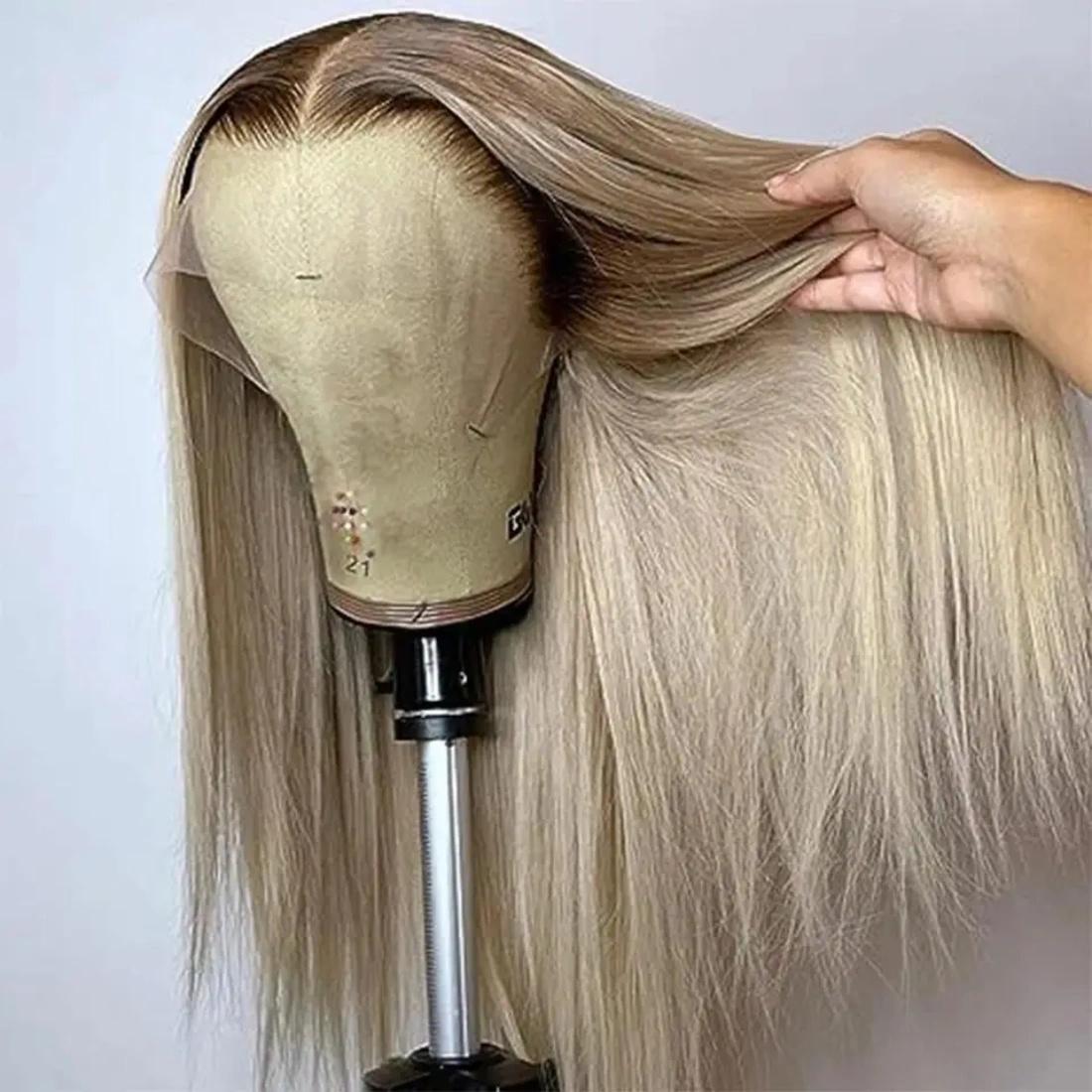 28 30 32 Inch Brown Root Ash Blonde Straight 13X4 Lace Frontal Human Hair Wigs Transparent Lace 180 Density Ombre Ash Blonde Human Hair Wig for Women Pre Plucked SpringStatements