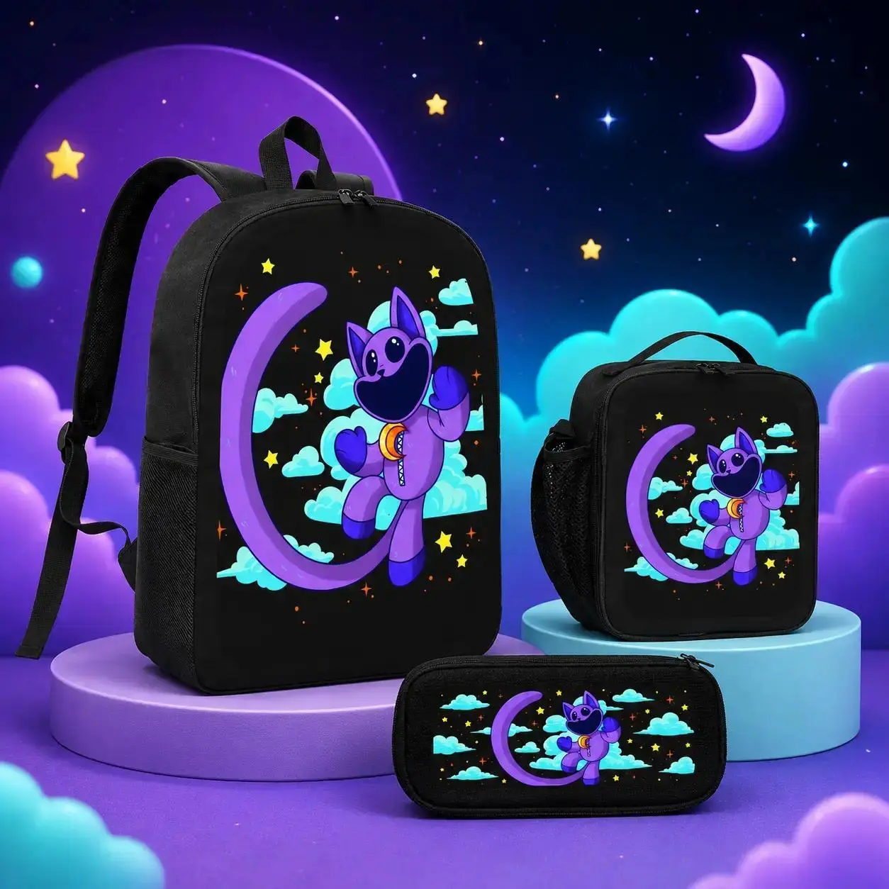 Smiling Critters 3PCS Kawaii Anime Backpack Set - A4 Laptop Fit, Bold Prints, Lunch Bag, Pencil Case, Lightweight Classic Daypack with Multiple Pockets for Daily Commute, Work