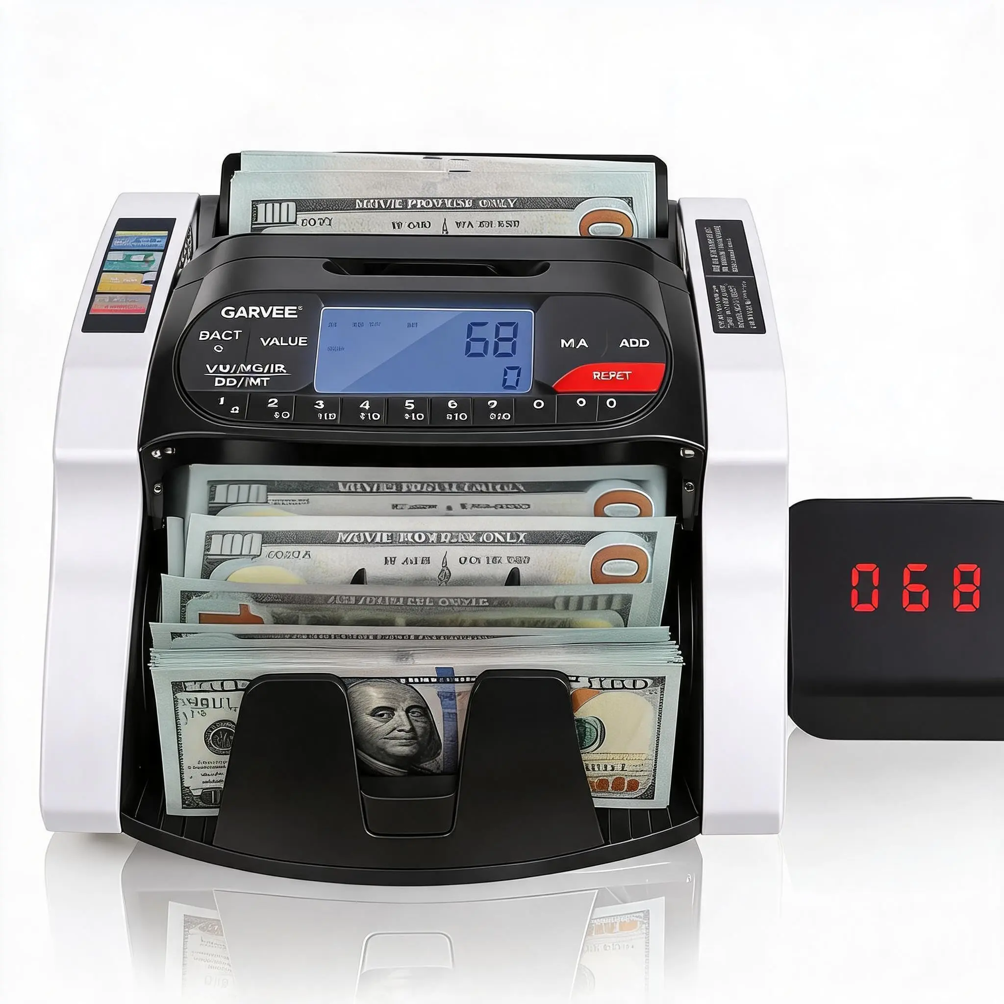 Advanced Money Counter Machine – Accurate Value Counting, Supports Dollar/Euro, UV/MG/IR/DD/MT Counterfeit Detection – Batch & Add Modes, LCD Display for Office & Retail Use – US Standard
