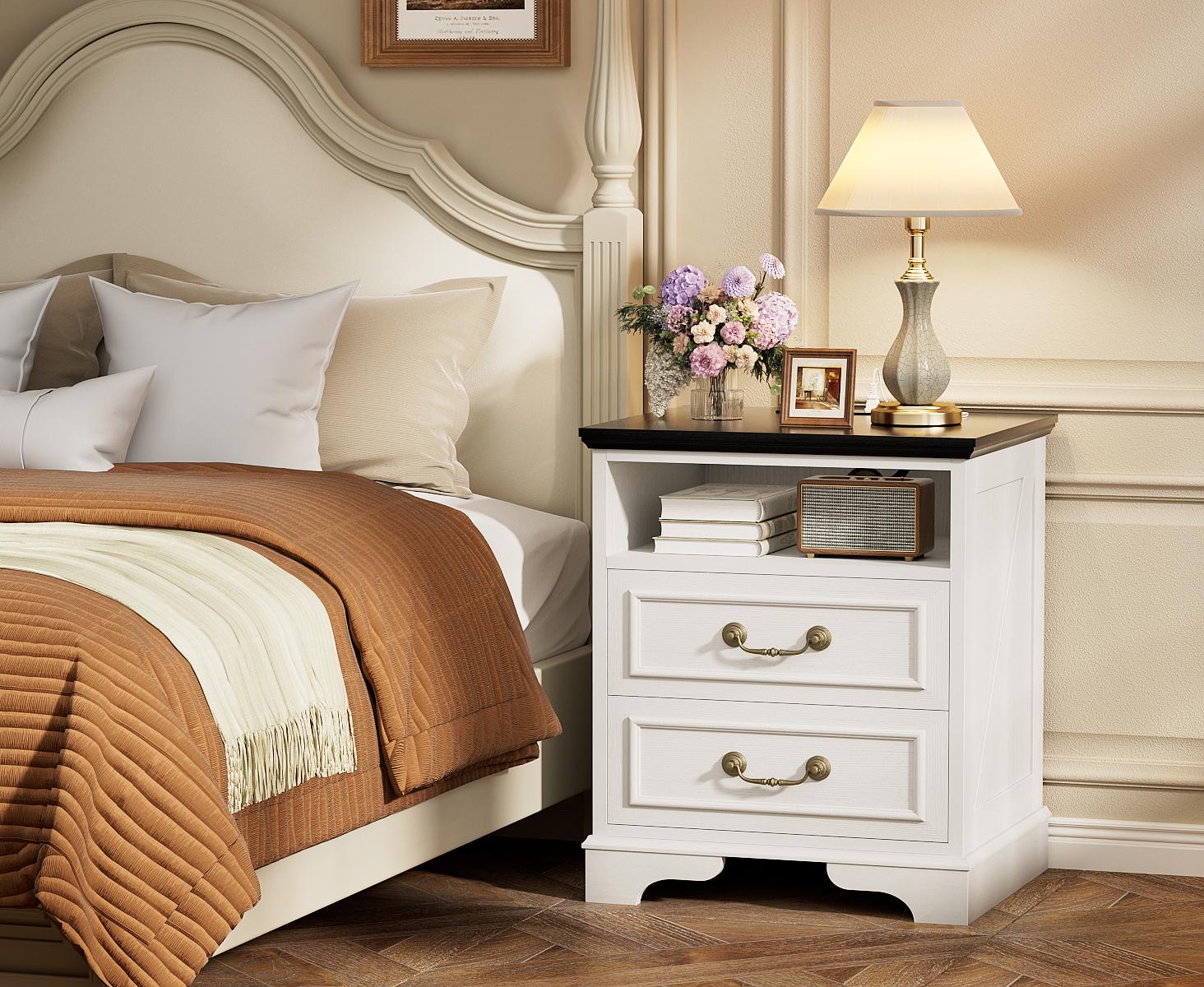 Farmhouse Style Nightstand with Charging Station, Bedside Table with 2 Storage Drawers and Vintage Handle，End Table with Open Shelf