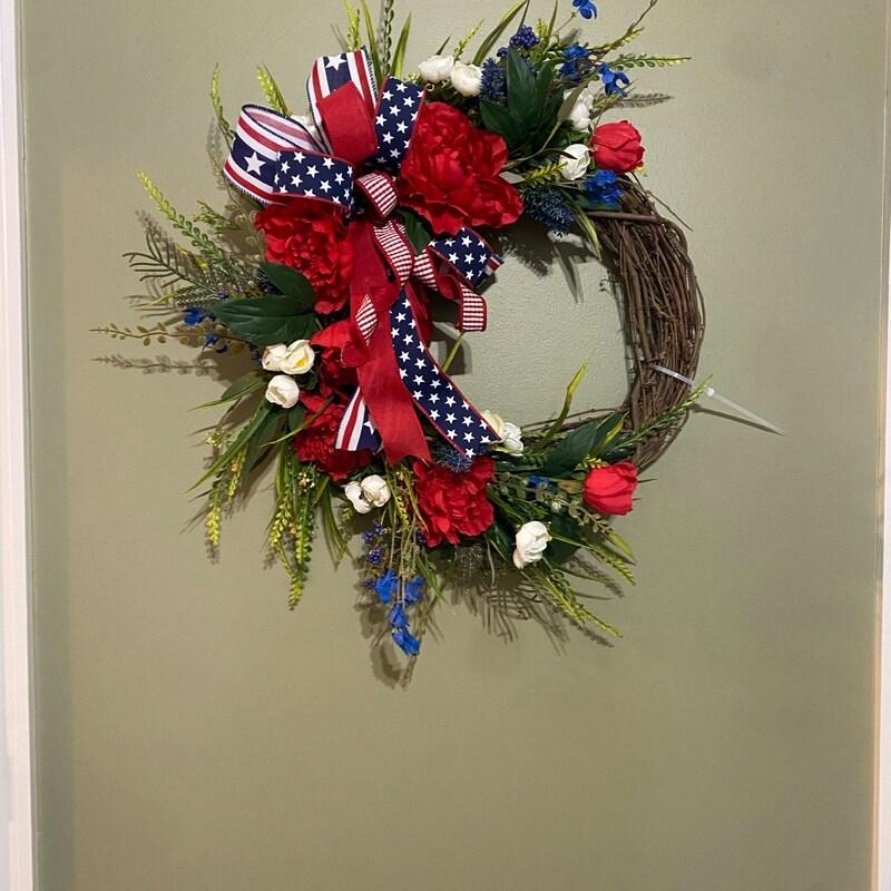 Patriotic July 4th Wreath, Peony and Mixed Flowers with Patriotic Bow, Independence Day Farmhouse Porch Decor, Artificial Floral Arrangement