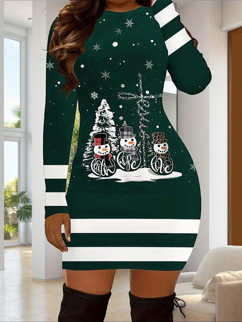 Women's Casual Christmas Print Striped Fitted Dress, Small Snowman Cartoon Print, Long Sleeve, Short Length, Fall Winter Holiday Wear