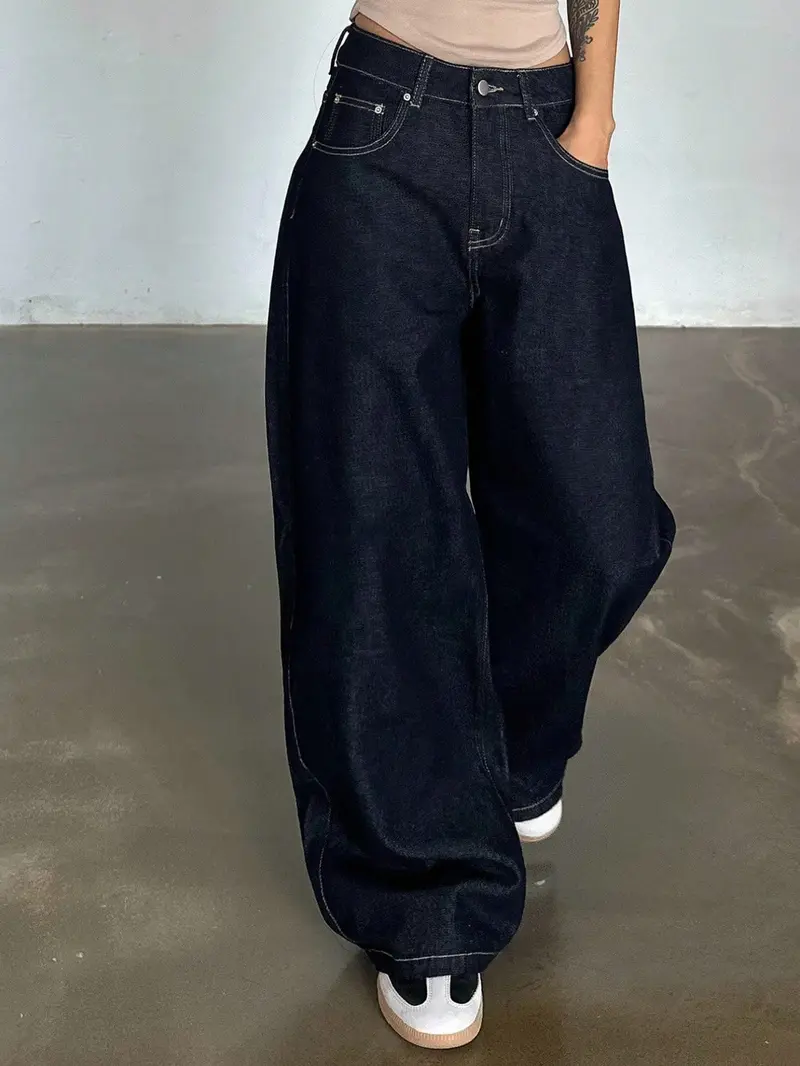 High Waist Dark Wide Leg for Women, American Street Style, Loose Fit, Long Streetwear Denim Pants with Multiple Pockets, All Seasons