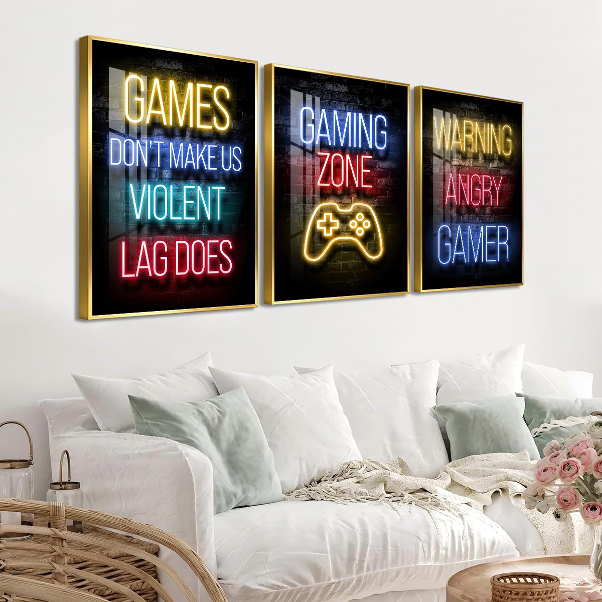 3 Counts Aluminum Alloy Framed Painting, Neon Gaming Zone Poster With Game Controller Wall Art, Home Decoration For Living Room, Bedroom, Office, Restaurant, Hallway Wall Decor, Odorless Print Artwork, Luxury Perfect Gift For Friends And Family