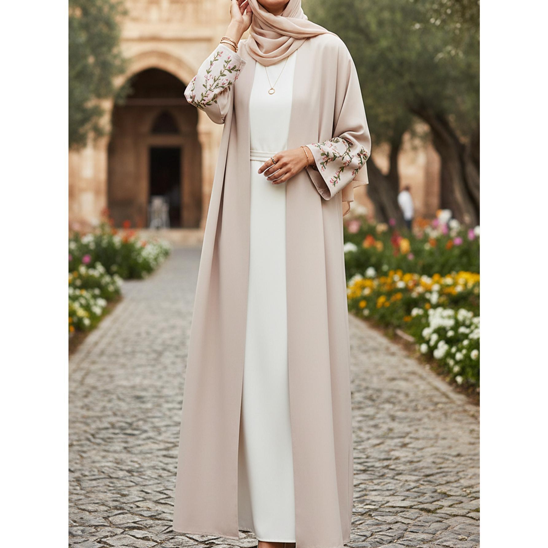Elegant Beige Floral Embroidered Open Abaya Modest Kimono Gown | One Size Fits All S-2XL | Perfect for Ramadan, Eid, Resort Wear & Daily Chic