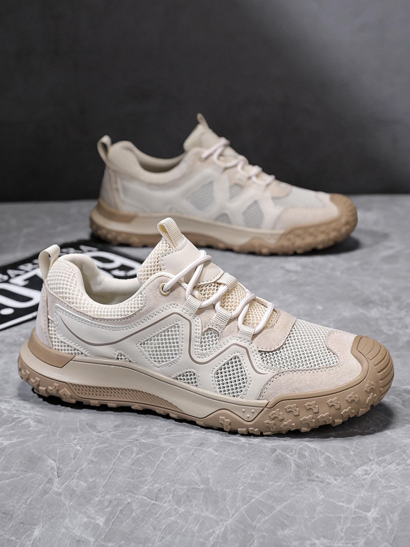 Men's Solid Color Mesh Breathable Outdoor Hiking Shoes Drawstring Toe Cap Trekking Shoes Non-Slip Wear-Resistant Casual Sneakers